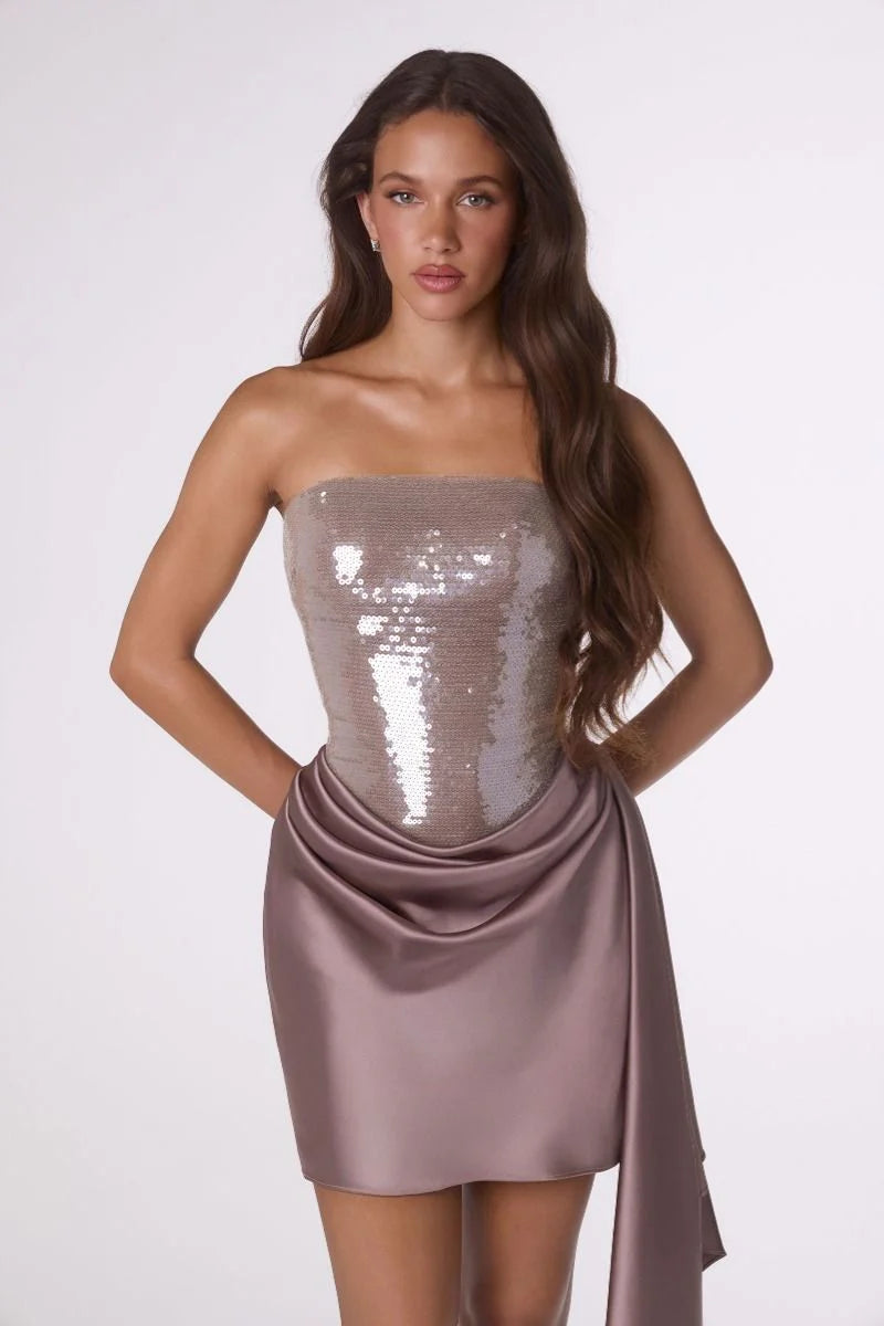 Strapless Sequin Structured Bodice Draped Sash Mini Party Cocktail Dress