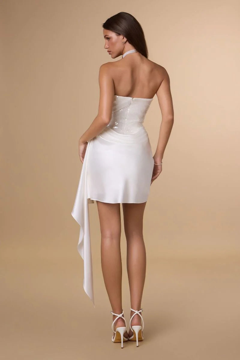 Strapless Sequin Structured Bodice Draped Sash Mini Party Cocktail Dress