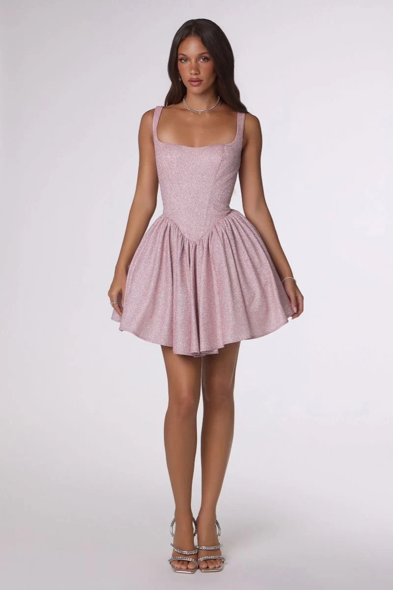 Wide Strap Corset Lace Up Back Glitter Flare Mini Homecoming Dress