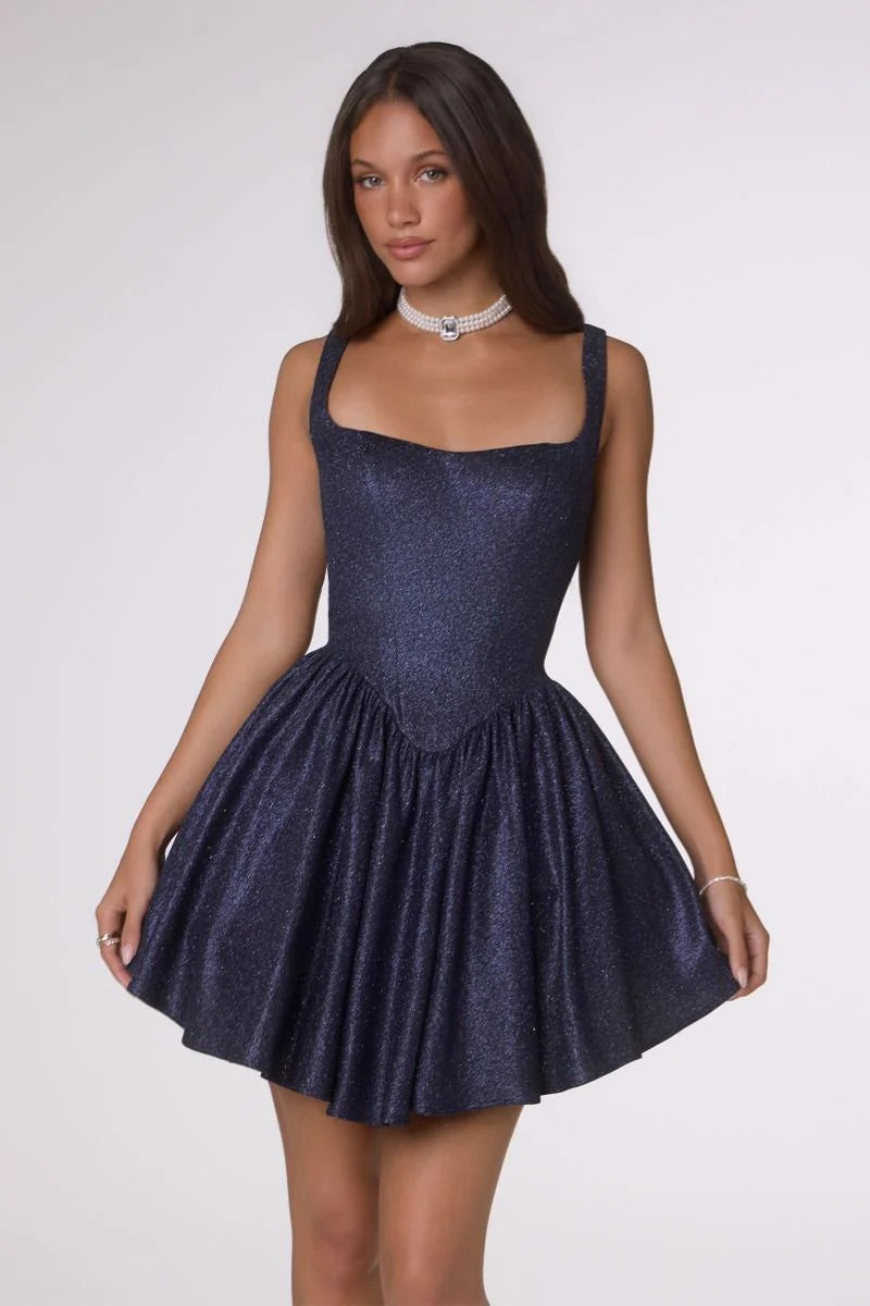 Wide Strap Corset Lace Up Back Glitter Flare Mini Homecoming Dress