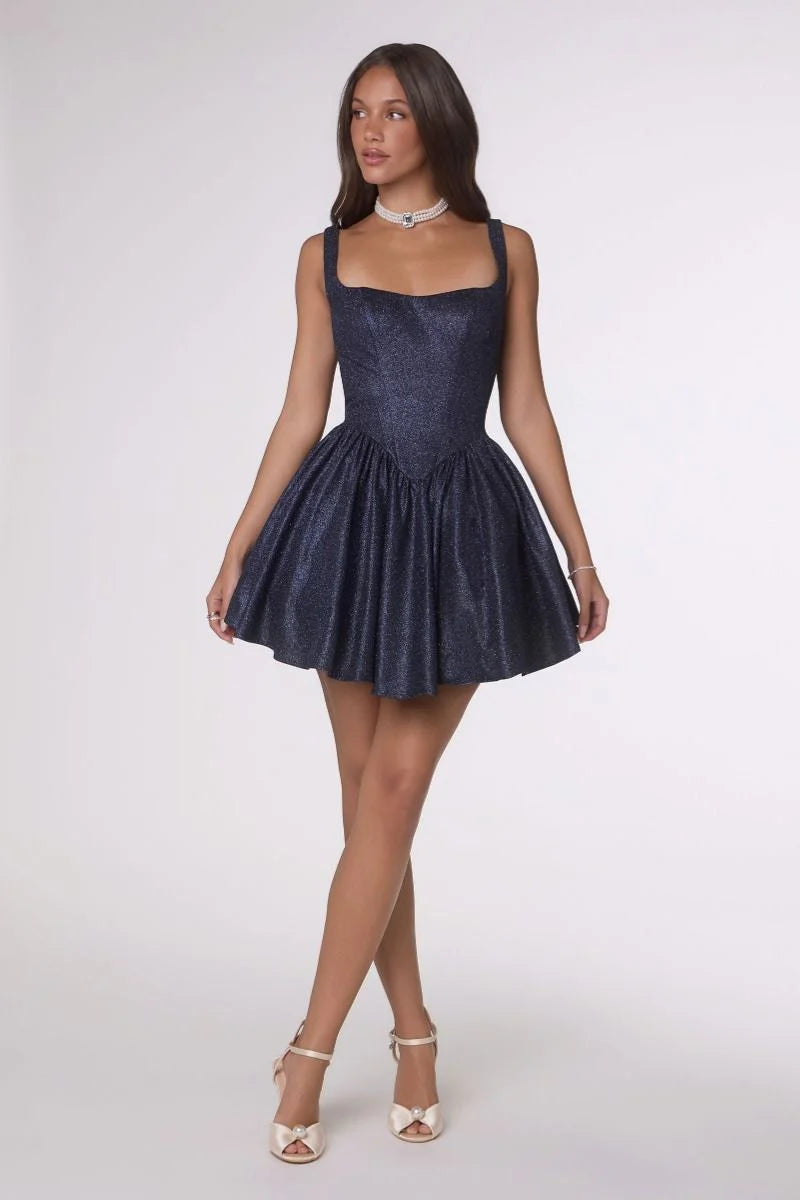 Wide Strap Corset Lace Up Back Glitter Flare Mini Homecoming Dress