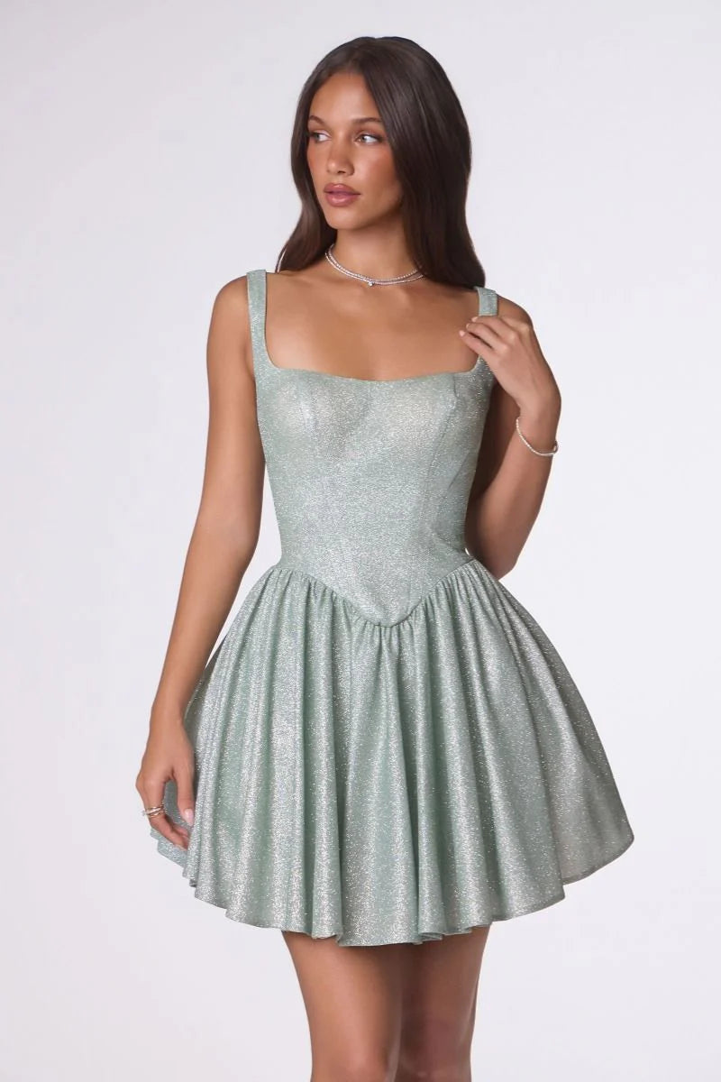 Wide Strap Corset Lace Up Back Glitter Flare Mini Homecoming Dress