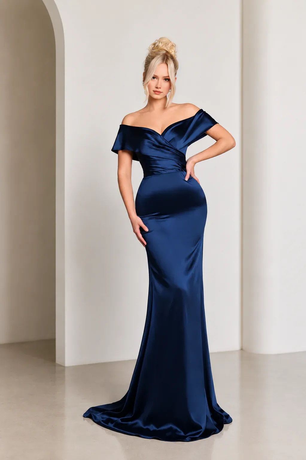 off-the-shoulder satin mermaid formal gown with ruched bodice and floor-length silhouette
