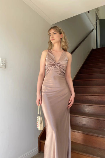 Taupe V neck sleeveless floor length bridesmaid dress with twisted bodice by Vedress