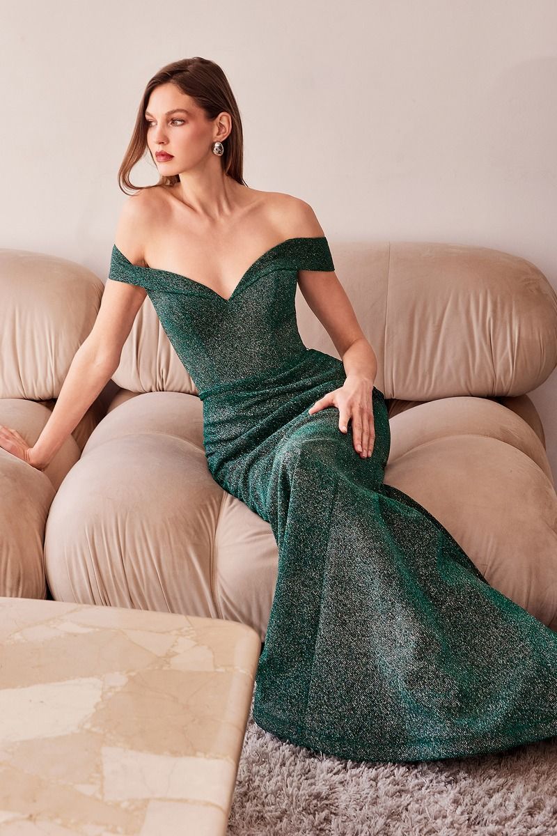 Vestido de noche formal de sirena con escote en V pronunciado, hombros descubiertos y purpurina - Vestido de fiesta de graduación y para invitada de boda