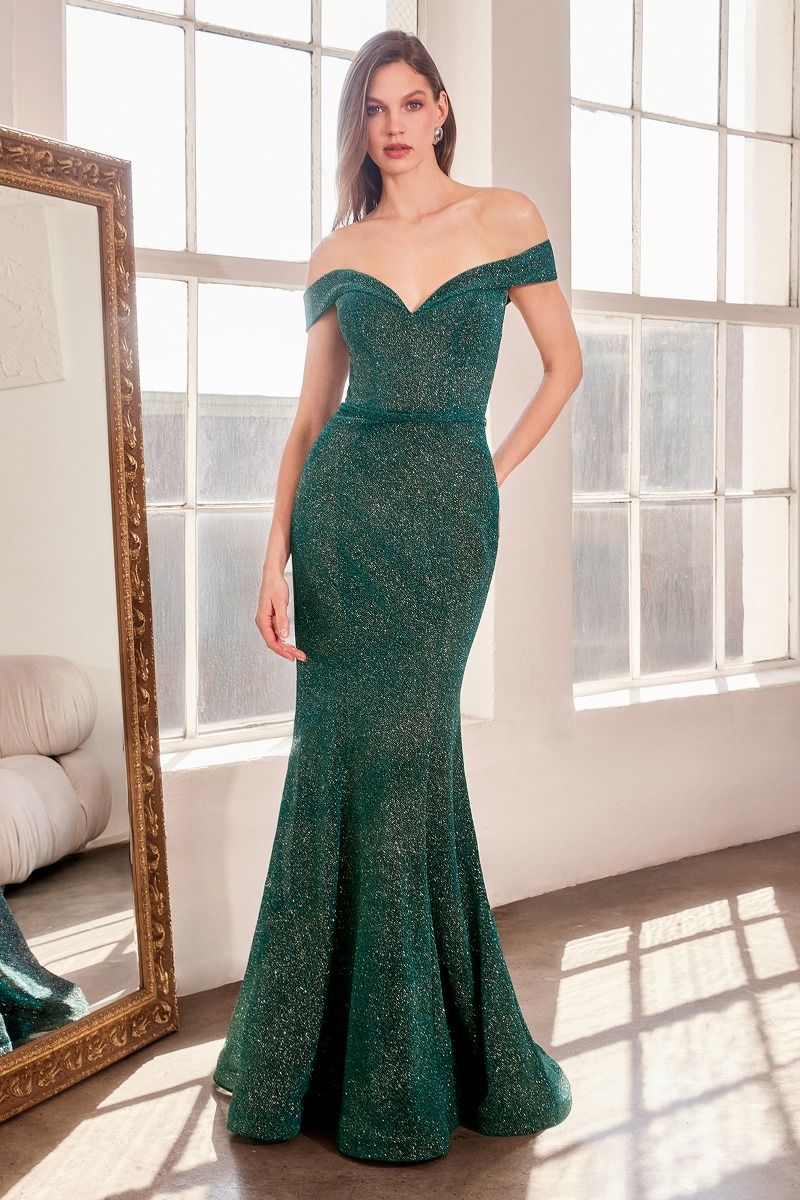 Evening Formal Gown Deep V Off-the-Shoulder Glitter Mermaid Evening Gown - Prom & Wedding Guest Dress