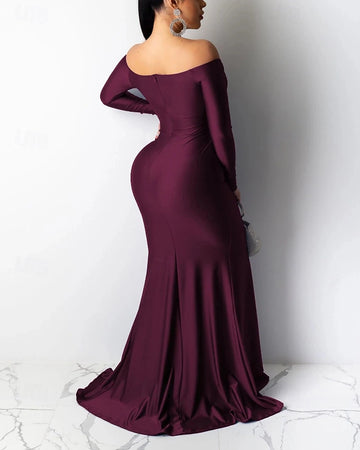 Vedress formal evening gown solid satin invisible zipper closed back rear full shot