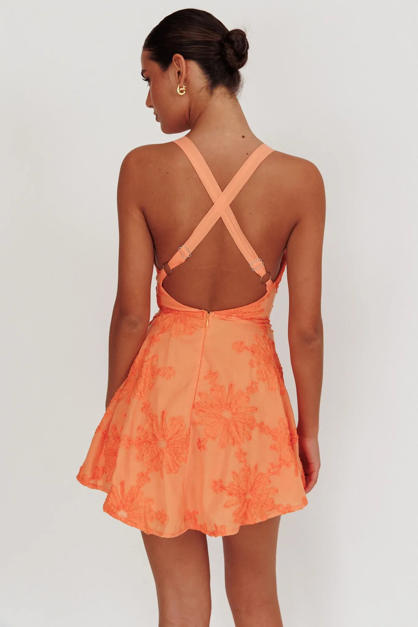 Textured Floral Flared Deep V-Neck Sleeveless Mini Cross-Back Skater Party Dress