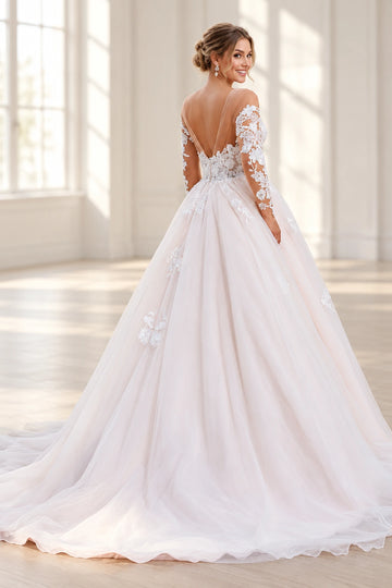 Vedress tulle wedding dress with a deep V illusion back, floral lace bodice, sheer long sleeves and a trailing A-line skirt, back view