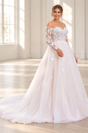 Vedress A-line tulle wedding dress with floral lace appliques, illusion sweetheart neckline, sheer long sleeves and a flowing train, front view