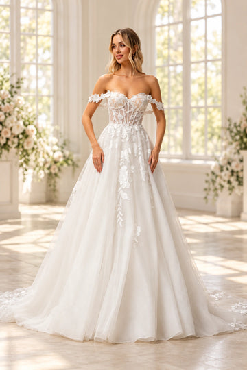 Romantic Tulle A-Line Sweetheart Off-Shoulder Button-Back Floor-Length Lace Wedding Dress