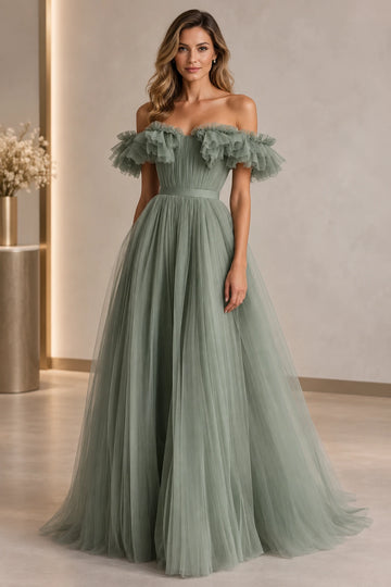 Front view of a Vedress sage green tulle prom dress with off-shoulder ruffle sleeves, a pleated bodice and a floor-length A-line skirt