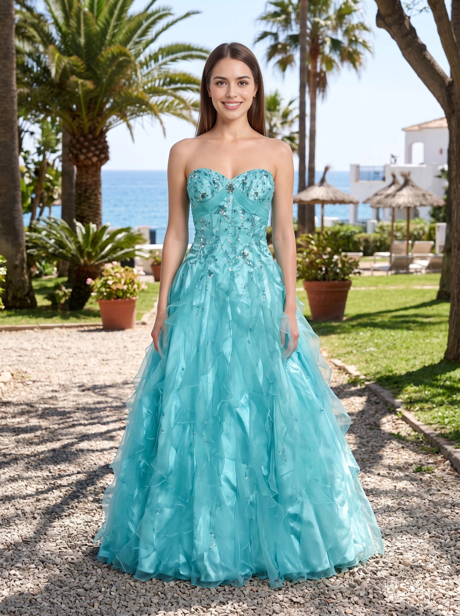 Turquoise ball gown long prom dress sweetheart strapless neckline sparkling beaded bodice tiered ruffled tulle skirt lace‑up corset‑back formal evening gown by Vedress