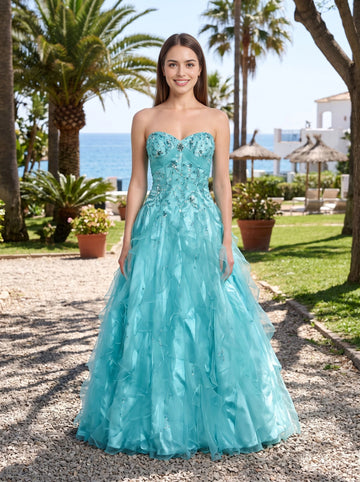 Turquoise ball gown long prom dress sweetheart strapless neckline sparkling beaded bodice tiered ruffled tulle skirt lace‑up corset‑back formal evening gown by Vedress