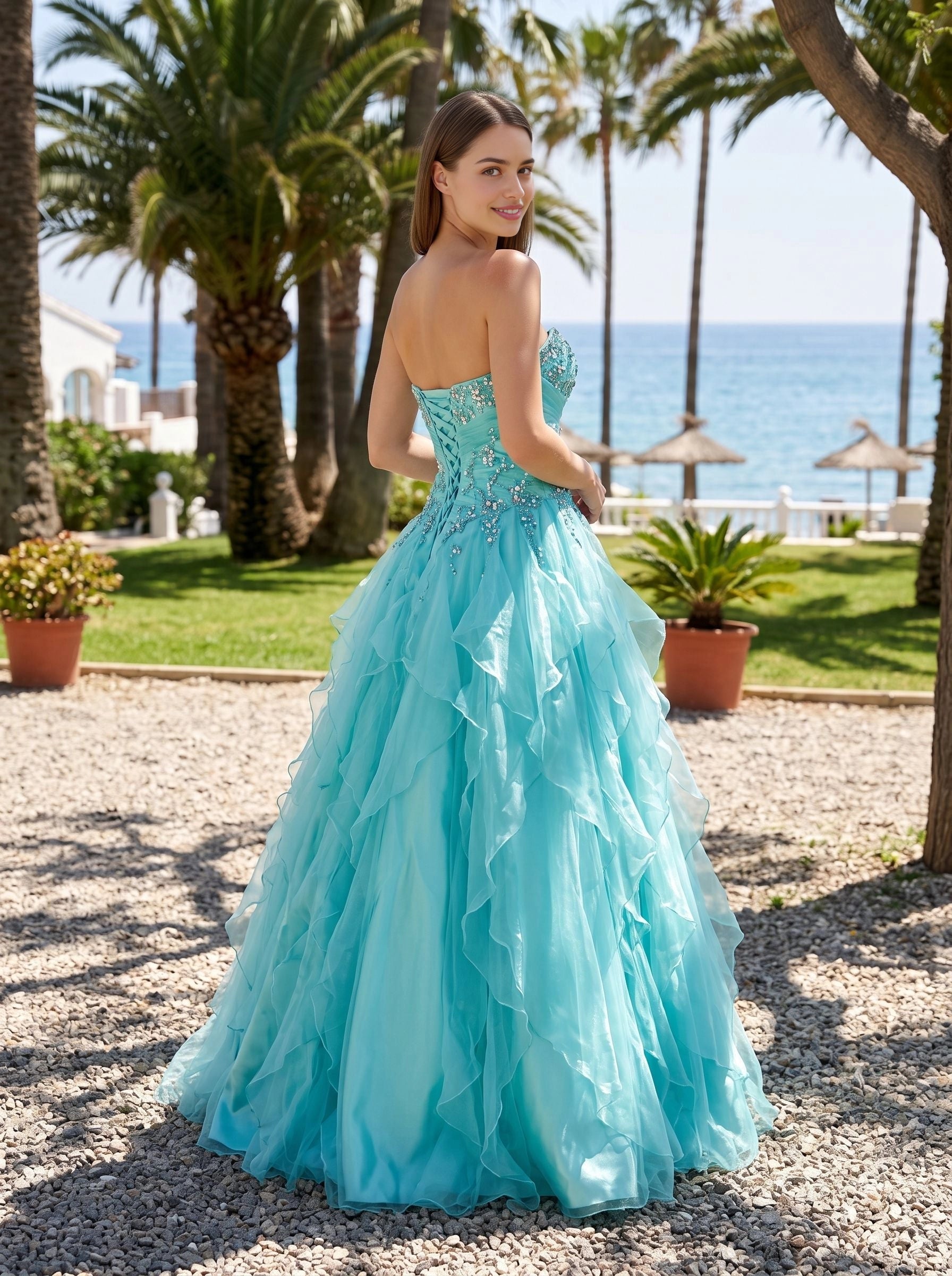 Turquoise ball gown long prom dress sweetheart strapless neckline sparkling beaded bodice tiered ruffled tulle skirt lace‑up corset‑back formal evening gown by Vedress