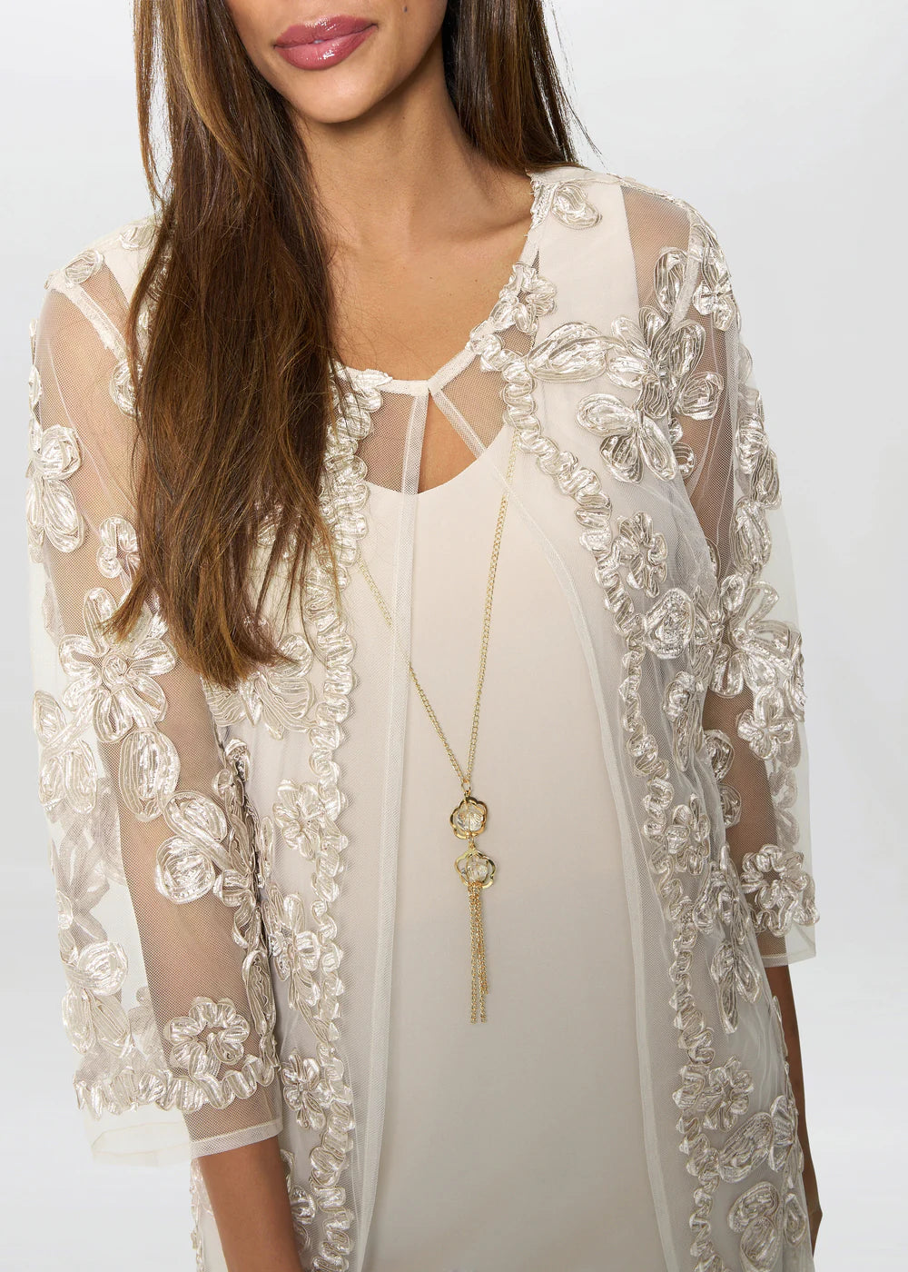 Two Piece Elegant 3-4 Sleeve Floral Embroidered Mother of the Bride Dress