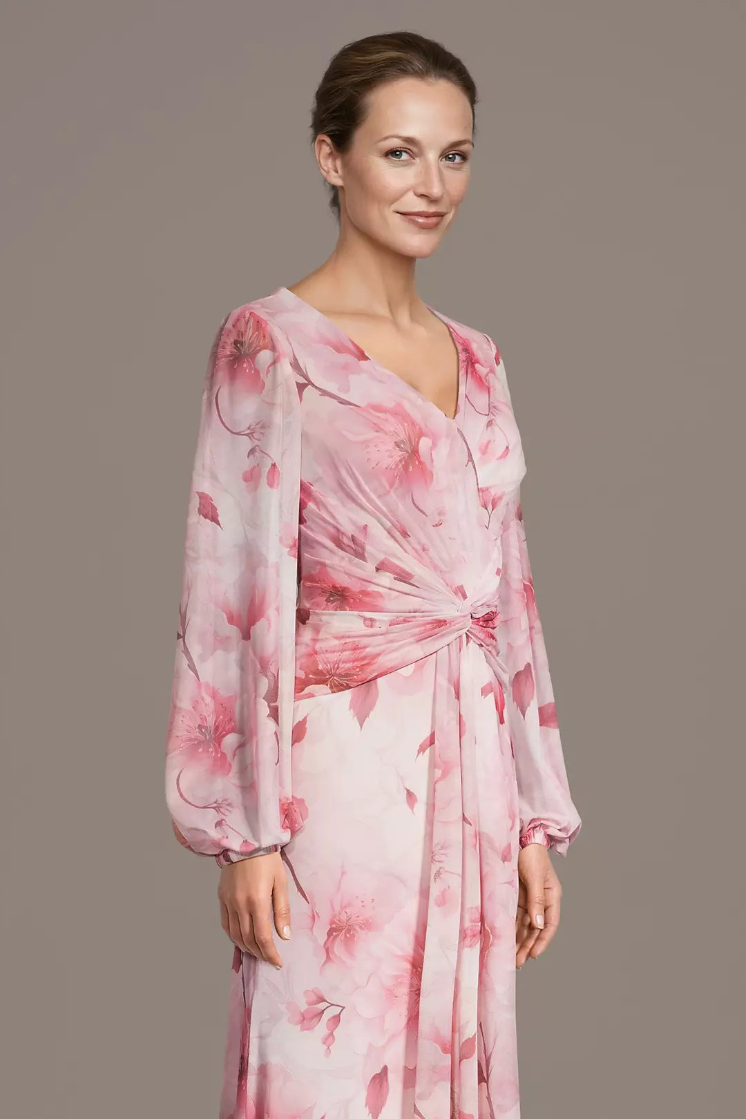 Long Sleeves V-Neck Floral Print Twist Waist Maxi Gown Sheath Mother of the Bride Dress