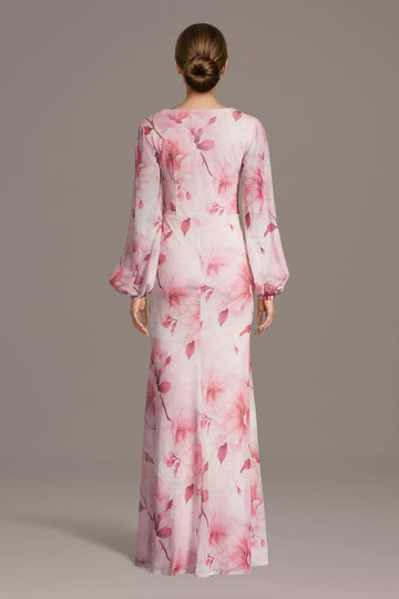 Long Sleeves V-Neck Floral Print Twist Waist Maxi Gown Sheath Mother of the Bride Dress