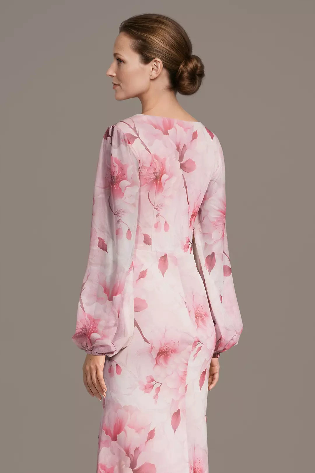 Long Sleeves V-Neck Floral Print Twist Waist Maxi Gown Sheath Mother of the Bride Dress