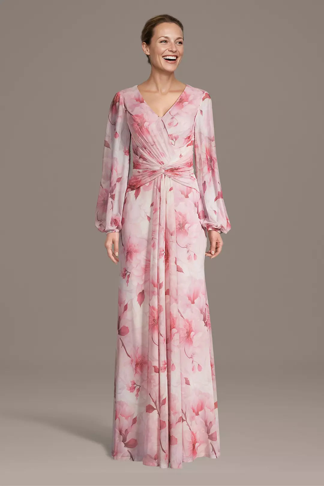 Long Sleeves V-Neck Floral Print Twist Waist Maxi Gown Sheath Mother of the Bride Dress