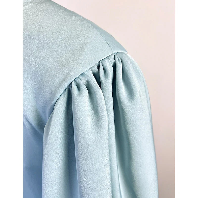 A-Line V-Neck Puff Sleeve Belted Satin Maxi Dress Cocktail Dresses with Belt / Sash