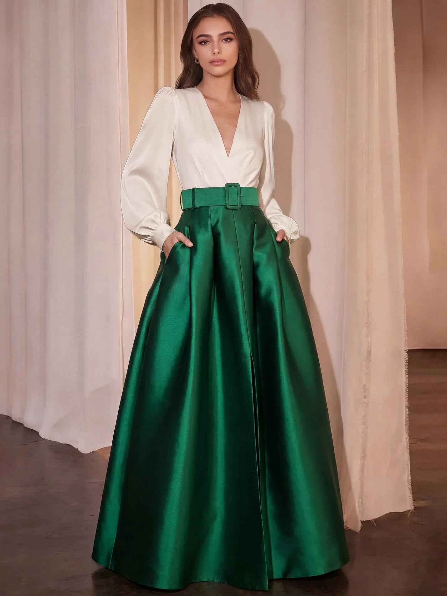 A-Line V-Neck Puff Sleeve Belted Satin Maxi Dress Cocktail Dresses with Belt / Sash