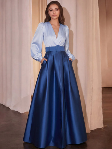 A-Line V-Neck Puff Sleeve Belted Satin Maxi Dress Cocktail Dresses with Belt / Sash