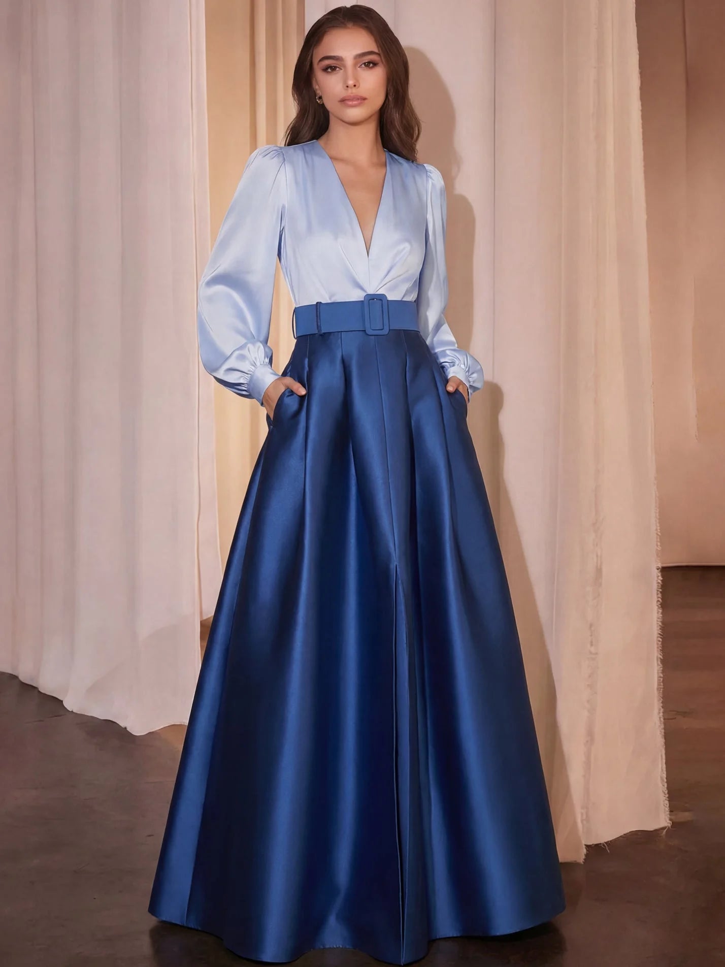 A-Line V-Neck Puff Sleeve Belted Satin Maxi Dress Cocktail Dresses with Belt / Sash