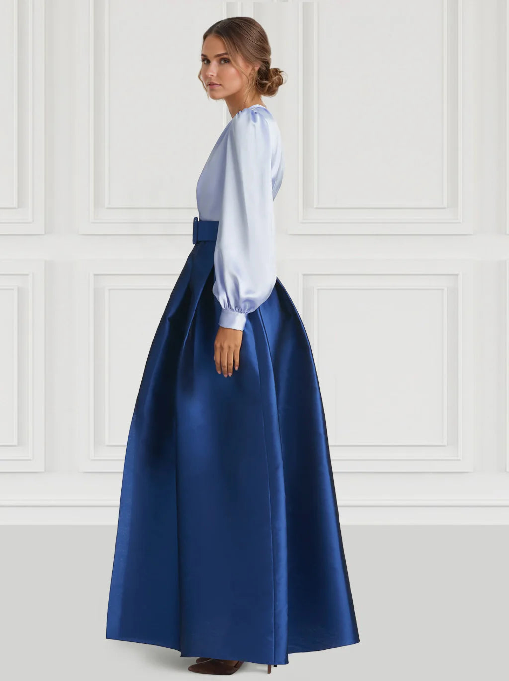 A-Line V-Neck Puff Sleeve Belted Satin Maxi Dress Cocktail Dresses with Belt / Sash