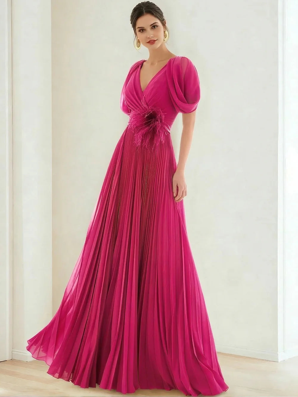 Elegant A-Line V-Neck Puff Sleeve Pleated Maxi Gown Evening Dress with Feather