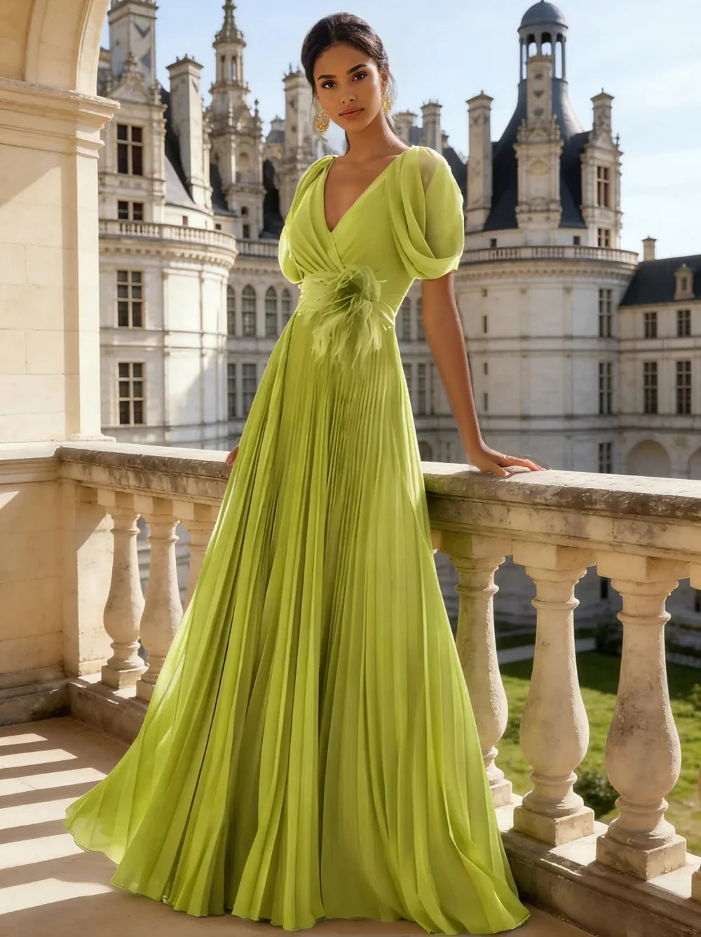 Elegant A-Line V-Neck Puff Sleeve Pleated Maxi Gown Evening Dress with Feather