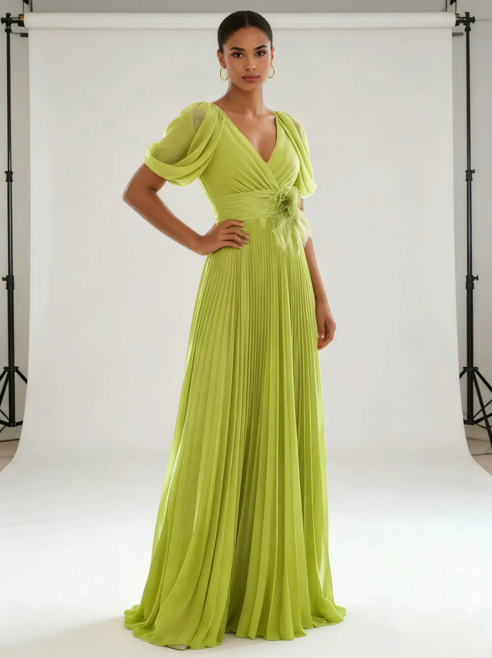 Elegant A-Line V-Neck Puff Sleeve Pleated Maxi Gown Evening Dress with Feather