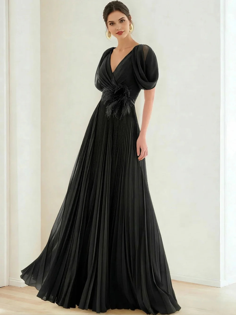 Elegant A-Line V-Neck Puff Sleeve Pleated Maxi Gown Evening Dress with Feather