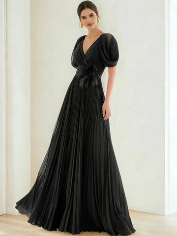 Elegant A-Line V-Neck Puff Sleeve Pleated Maxi Gown Evening Dress with Feather