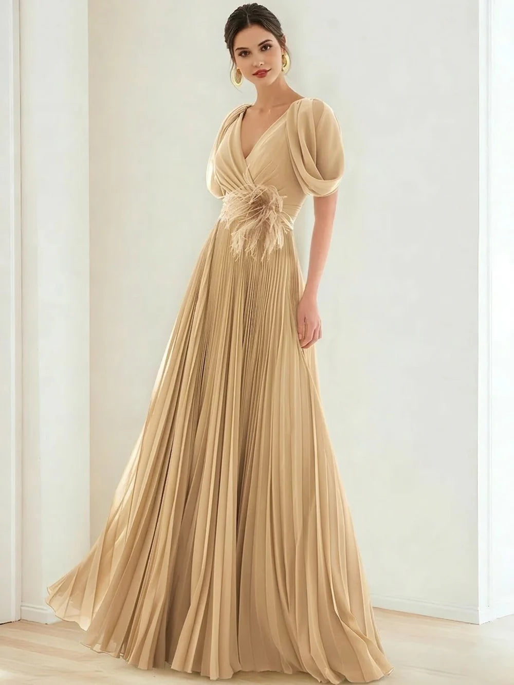 Elegant A-Line V-Neck Puff Sleeve Pleated Maxi Gown Evening Dress with Feather