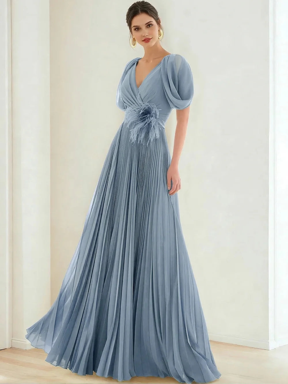 Elegant A-Line V-Neck Puff Sleeve Pleated Maxi Gown Evening Dress with Feather