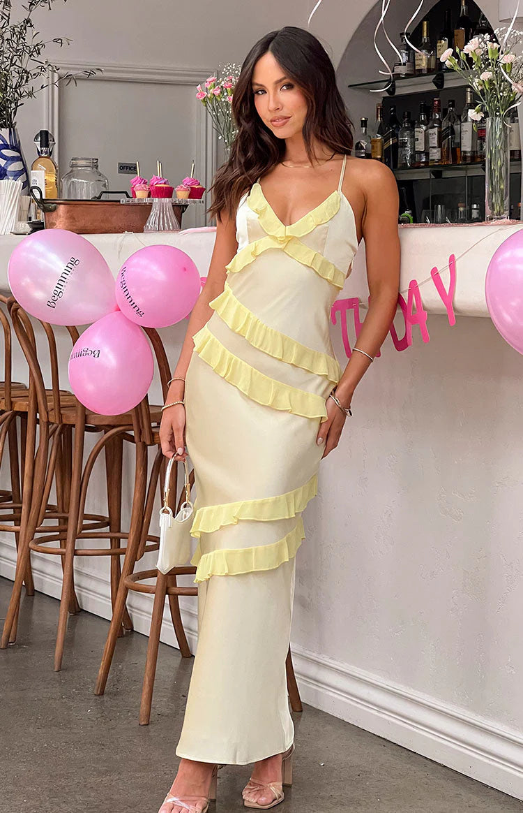 Glamorous Sheath V-Neck Ruffle Floral Satin Spring Summer Maxi Party Dress