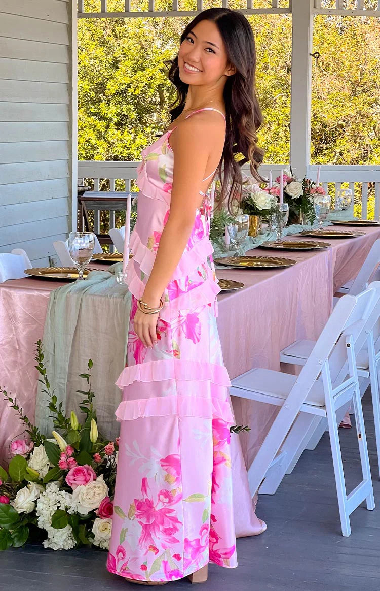 Glamorous Sheath V-Neck Ruffle Floral Satin Spring Summer Maxi Party Dress