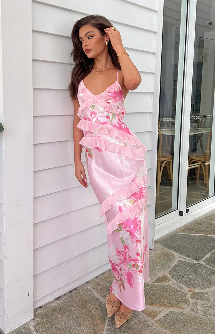 Glamorous Sheath V-Neck Ruffle Floral Satin Spring Summer Maxi Party Dress