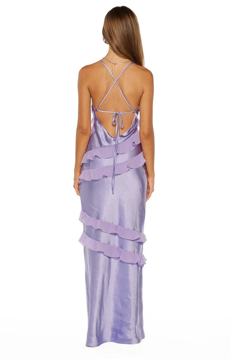 Glamorous Sheath V-Neck Ruffle Floral Satin Spring Summer Maxi Party Dress
