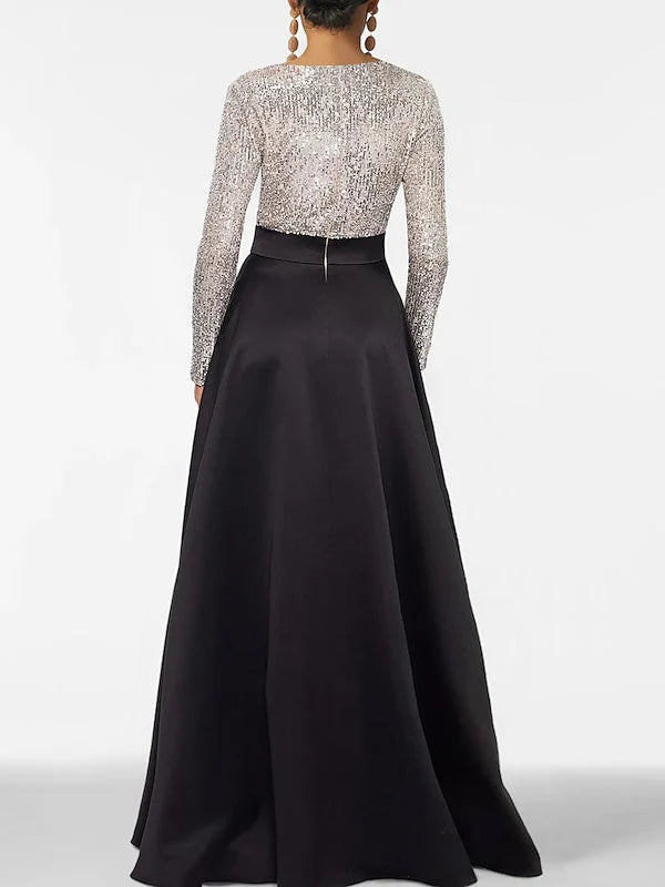 Vestidos de Noche Formales de Corte A con Cuello en V, Lentejuelas, Manga Larga y Bolsillos hasta el Suelo