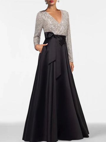 A-Line V-Neck Sequins Long Sleeves Floor-Length Formal Evening Dresses With Pocket