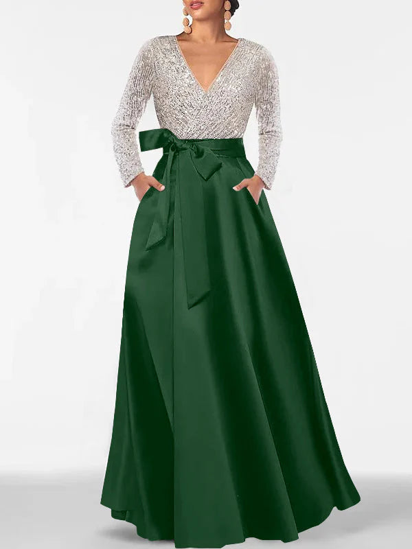 Vestidos de Noche Formales de Corte A con Cuello en V, Lentejuelas, Manga Larga y Bolsillos hasta el Suelo