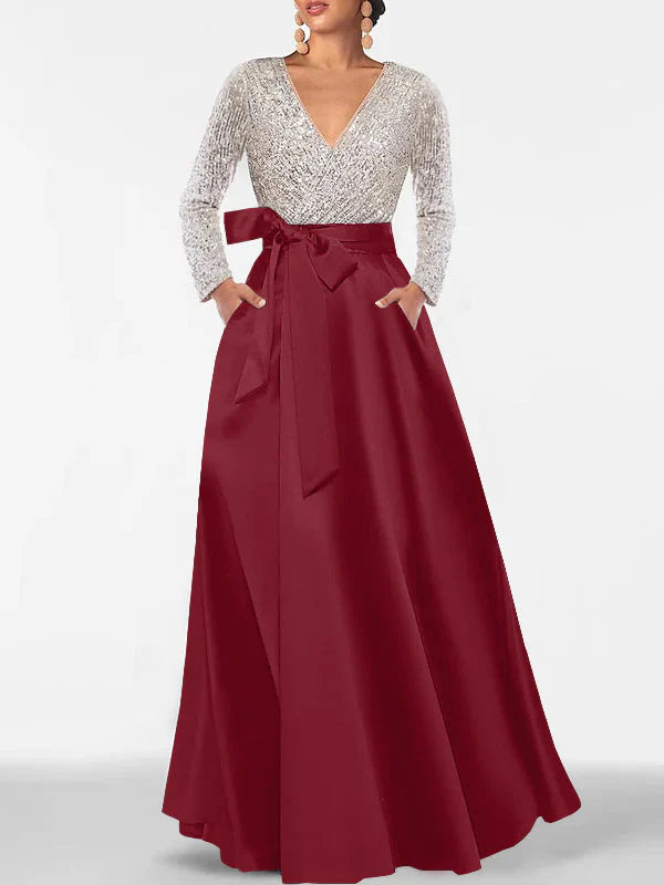 Vestidos de Noche Formales de Corte A con Cuello en V, Lentejuelas, Manga Larga y Bolsillos hasta el Suelo