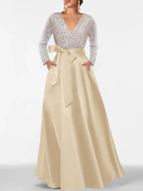 Vestidos de Noche Formales de Corte A con Cuello en V, Lentejuelas, Manga Larga y Bolsillos hasta el Suelo