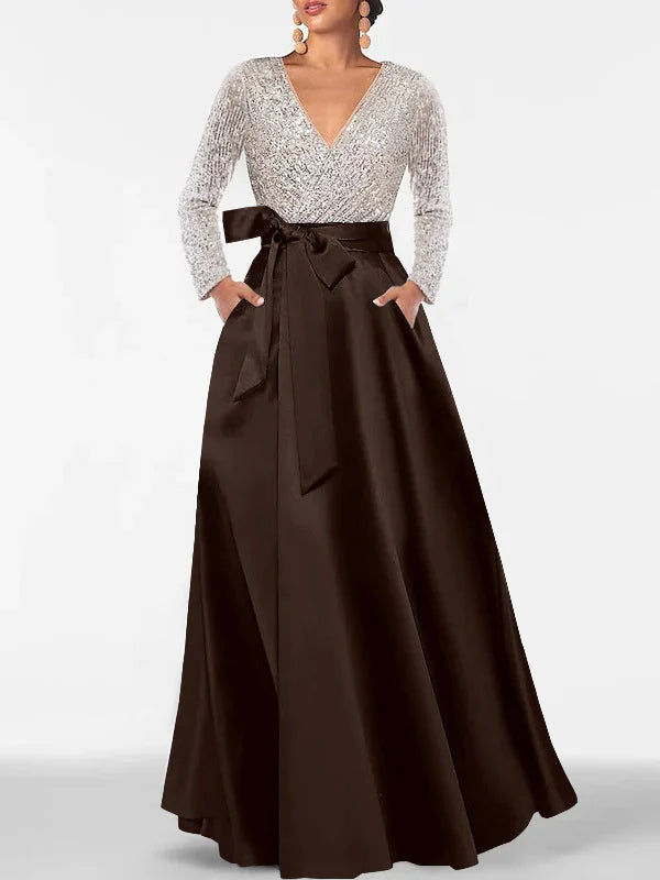 Vestidos de Noche Formales de Corte A con Cuello en V, Lentejuelas, Manga Larga y Bolsillos hasta el Suelo