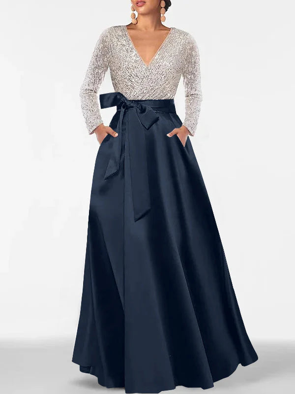 Vestidos de Noche Formales de Corte A con Cuello en V, Lentejuelas, Manga Larga y Bolsillos hasta el Suelo