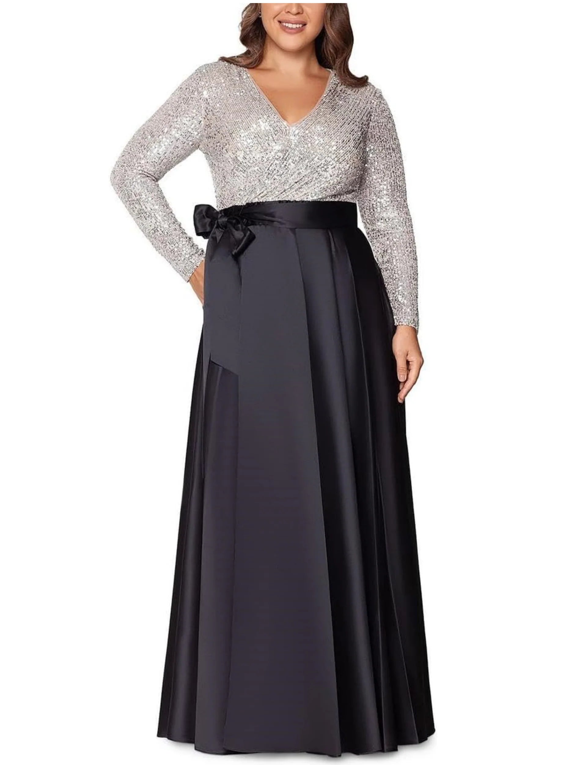 Vestidos de Noche Formales de Corte A con Cuello en V, Lentejuelas, Manga Larga y Bolsillos hasta el Suelo