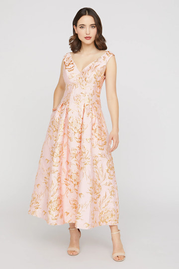 Elegant A-Line V-Neck Sleeveless Gold Floral Jacquard Midi Cocktail Wedding Guest Dress