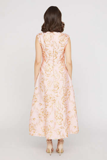 Elegant A-Line V-Neck Sleeveless Gold Floral Jacquard Midi Cocktail Wedding Guest Dress